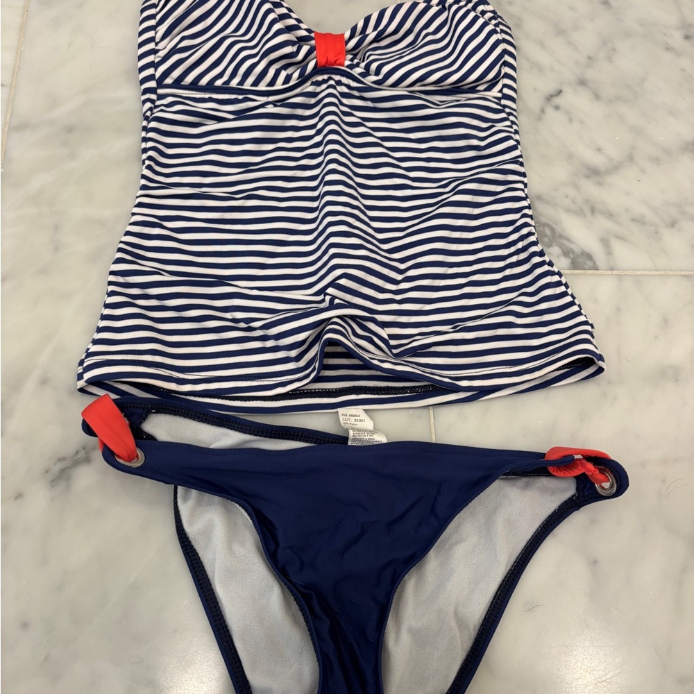 Splendid Navy and White Striped Swimsuit with Red Accents